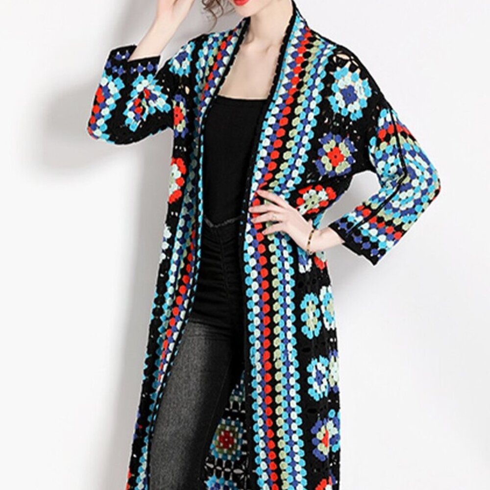 Bohemia Colored Plaid Granny Square Hand Crochet Open Front Long Cardigan, Blue